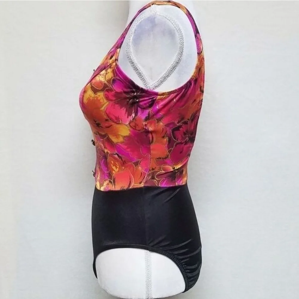 Jantzen Vintage Gold Foil Floral Black Colorblock Backless One-piece Swimsuit 12